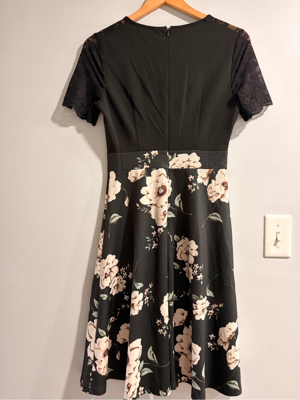 Black Midi Dress with Cream Floral Print and Lace Sleeves